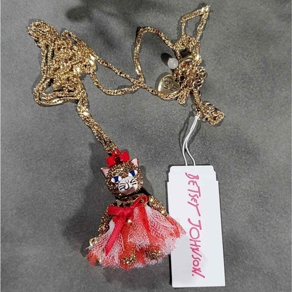 Betsey Johnson Jewelry - Betsey Johnson Gold‎ Tone Cat Charm Necklace Red White Blue Tutu Star New